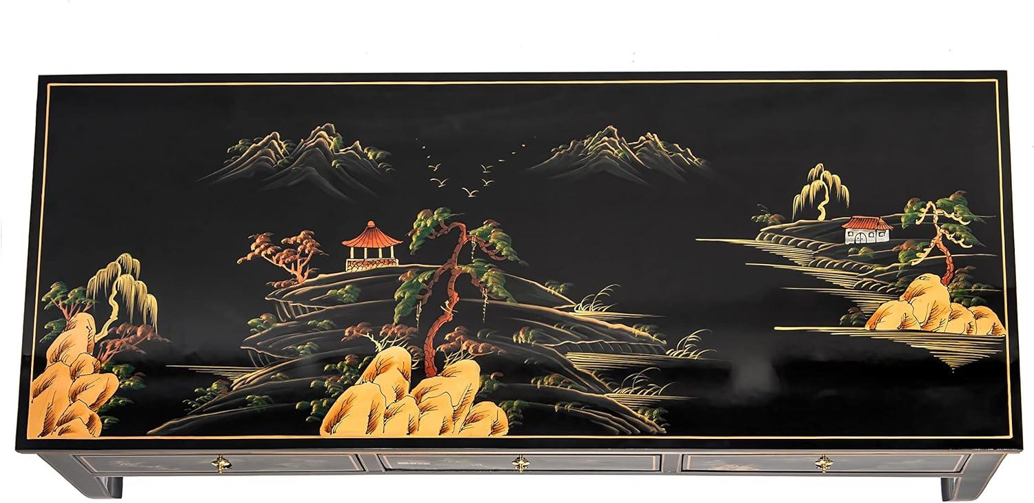 image:imageRed Lantern Artisan Crafted Lacquer Coffee Table Black with Hand Painted Village LandscapeBlack Painted Landscape