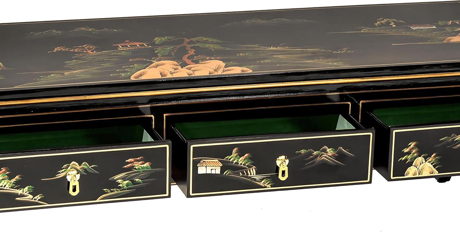 image:imageRed Lantern Artisan Crafted Lacquer Coffee Table Black with Hand Painted Village LandscapeBlack Painted Landscape